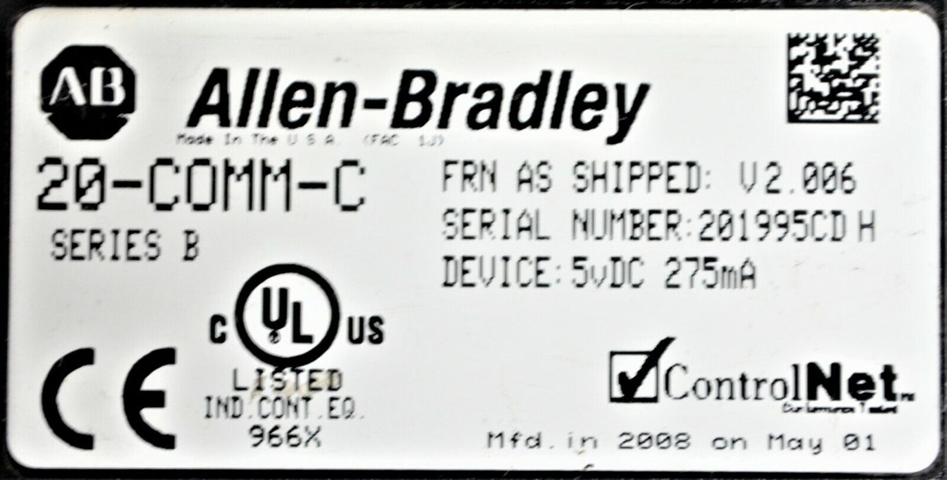 Allen Bradley 20-COMM-C ControlNet Adapter Series B Firmware Ver. 2.006 QTY