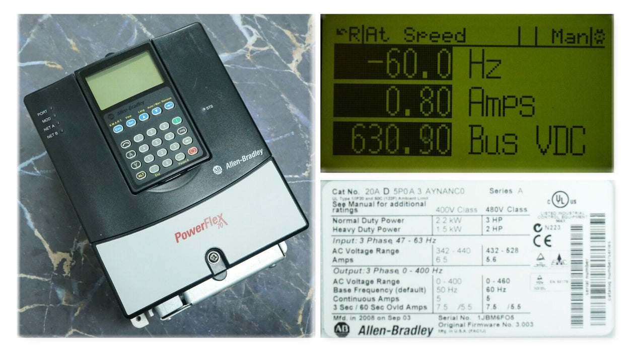 Allen-Bradley PowerFlex 70 3HP 20AD5P0A3AYNANC0 480V 3.003 Tested Good