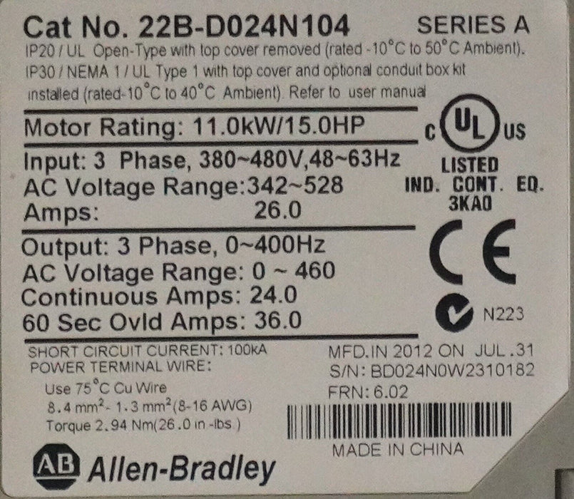 Parts Only Allen-Bradley 15 HP Powerflex40 22B-D024N104 Ser. A FRN:6.02