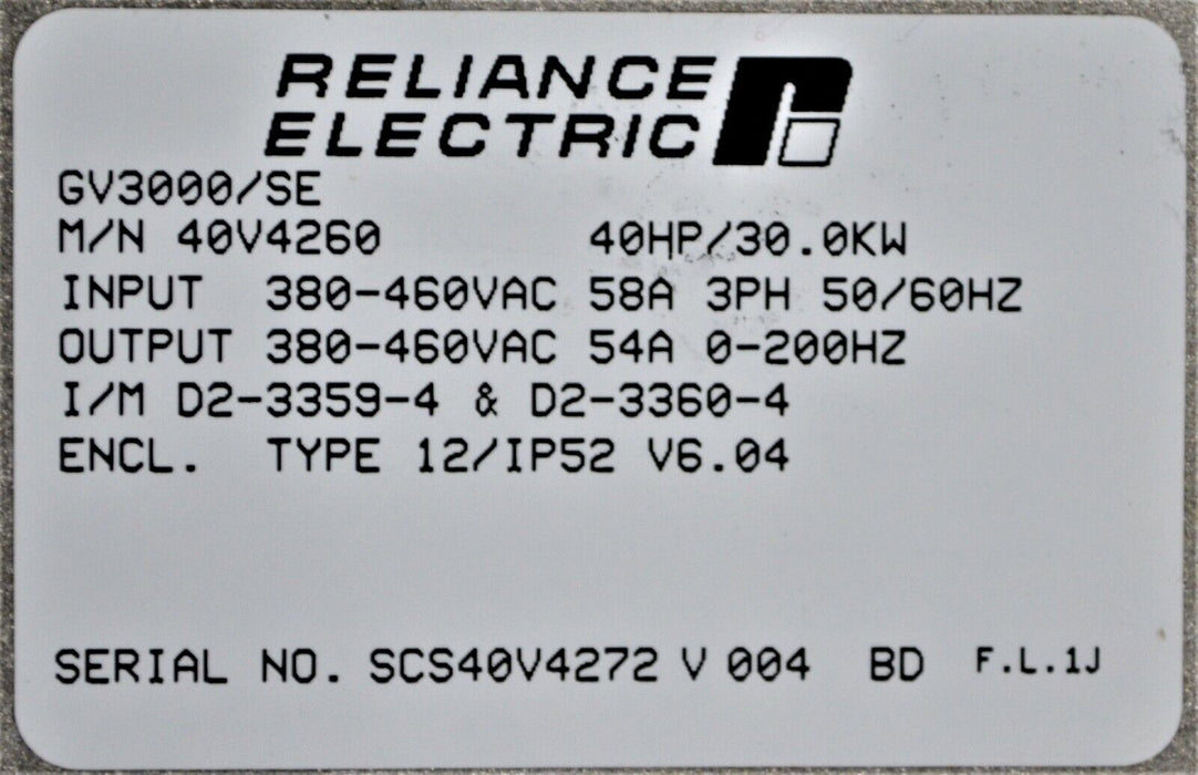 New Reliance Electric GV3000/SE VTAC7 40HP 40V4260 VER:6.04 480VAC