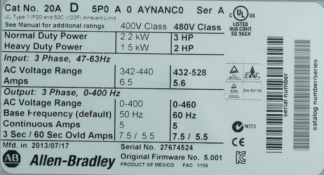 Allen-Bradley PowerFlex 70 3HP 20AD5P0A0AYNANC0 Series A Tested Good FRN:5.001