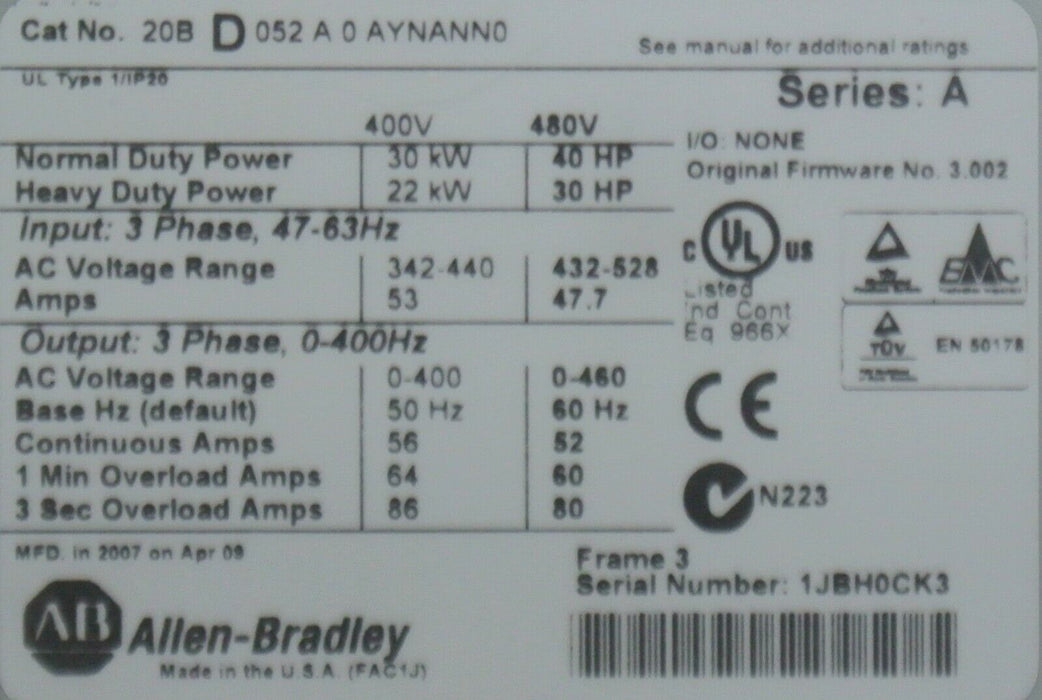 Allen-Bradley PowerFlex 700 40 HP 20BD052A0AYNANN0 480 VAC Series A Tested 3.002