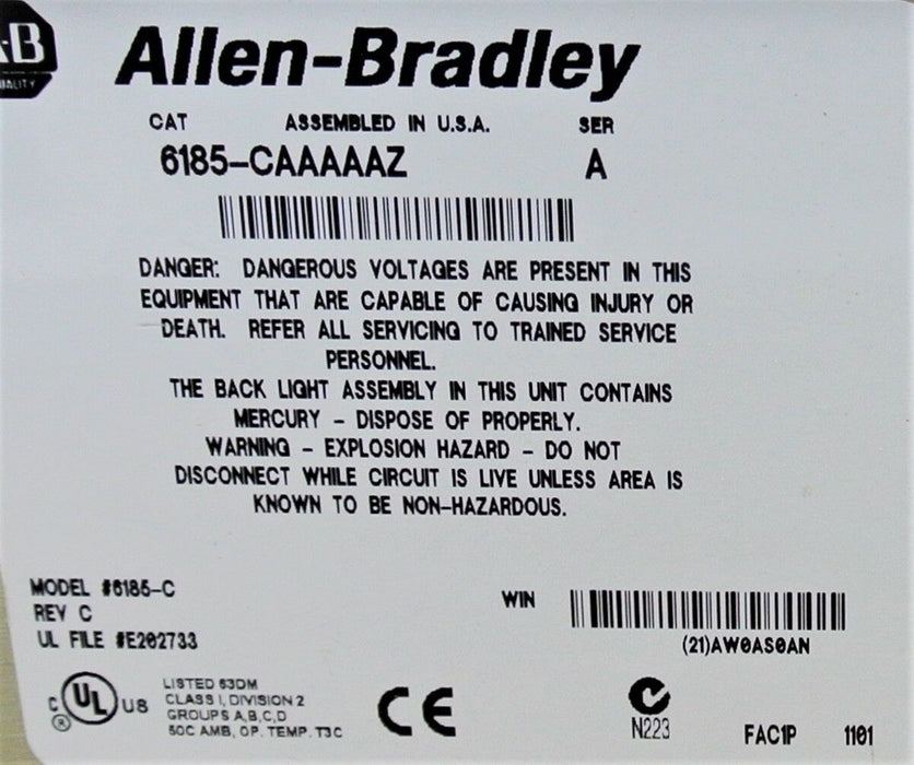 Allen-Bradley 6185-CAAAAAZ Industrial Flat Panel LCD Monitor Ser. A #6185-C 15"