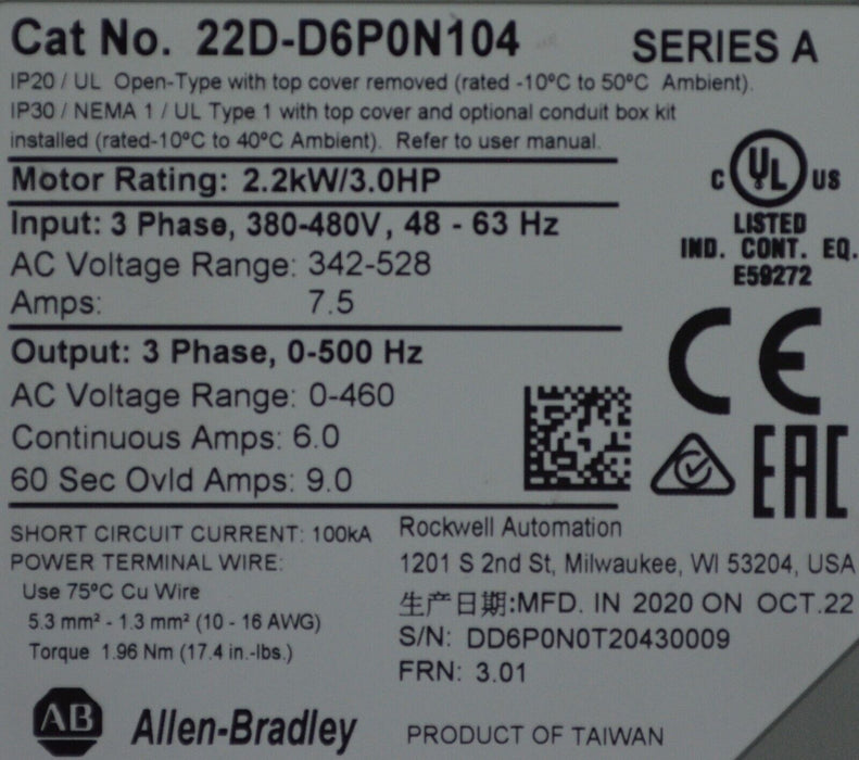 Low Hours 2020 Allen Bradley 22D-D6P0N104 PowerFlex40 Firmware 3.01 Series A