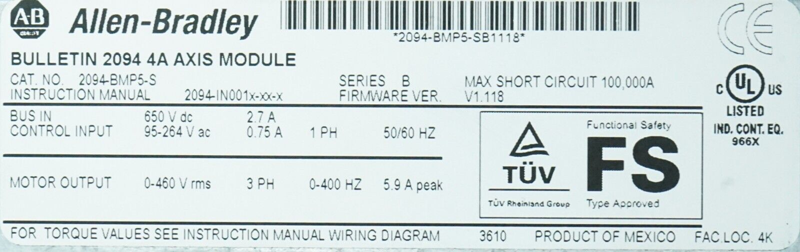 Allen-Bradley Kinetex 6000 2094-BMP5-S AXIS Module 4 Amps 480 VAC Firmware:1.118