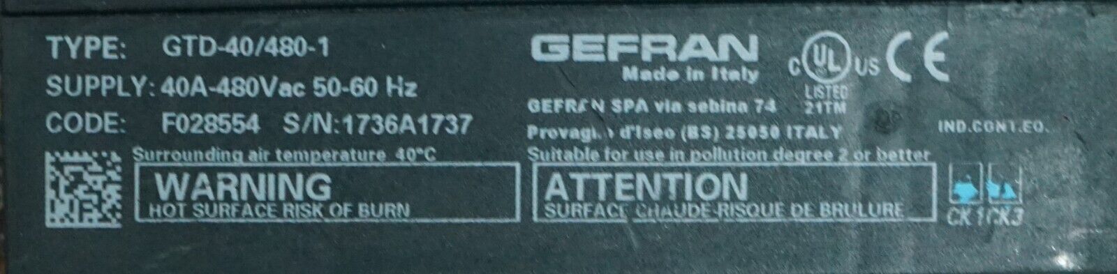 GEFRAN SOLID STATE RELAY GTD 40/480-1