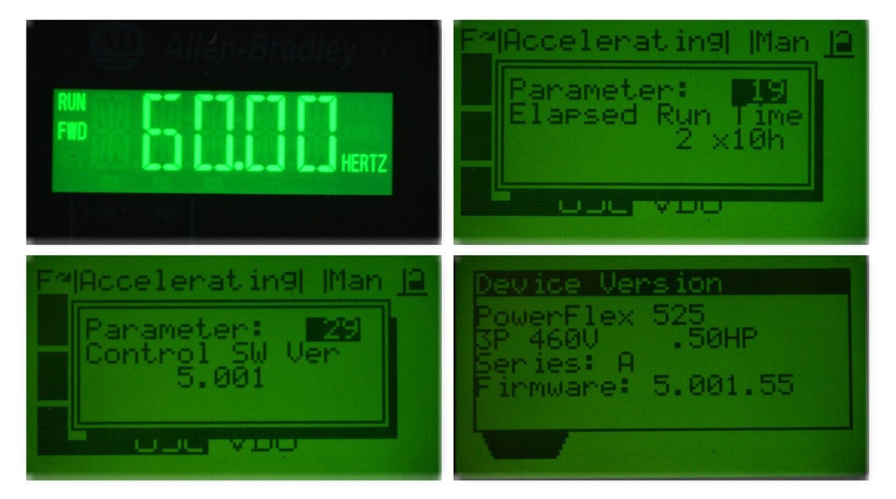 Low Hr Allen Bradley 25B-D1P4N114 1/2HP Powerflex 525 Series A FRN:5.001 Tested