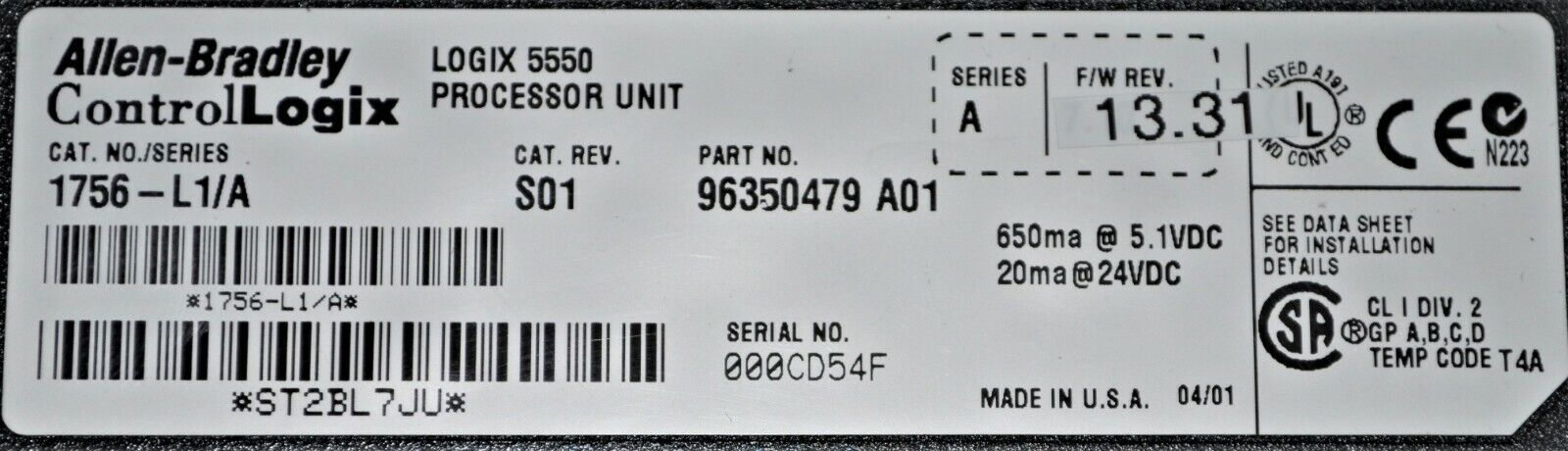 Allen Bradley 1756-L1/A ControlLogix 5550 Processor PLC Tested Good FRN. 13.31