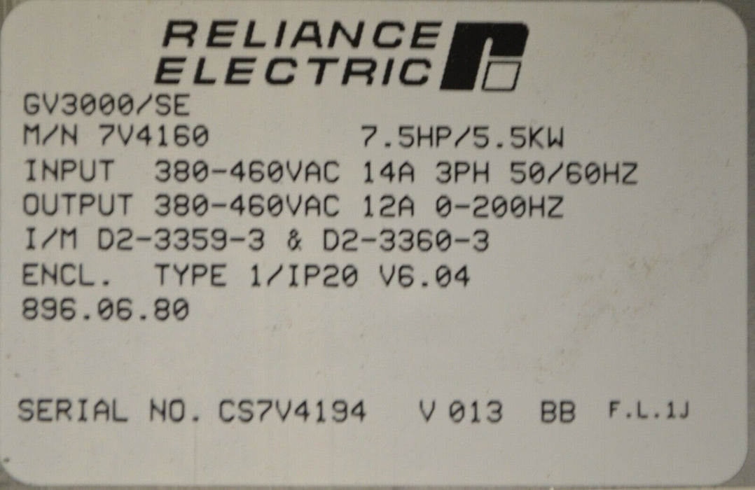 NEW Reliance Electric GV3000 /SE 7.5 HP 7V4160 Firmware 6.04 AC Drive  WITH BOX