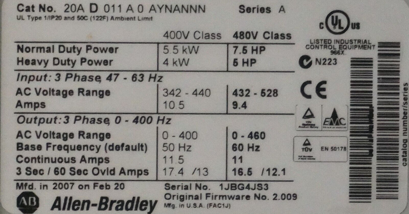 Allen-Bradley PowerFlex 70 7.5 HP 20AD011A0AYNANNN 480 VAC Tested Good FRN:2.009