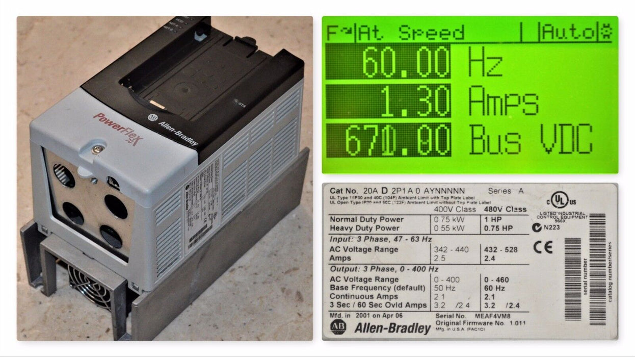 Allen-Bradley PowerFlex 70 1 HP 20AD2P1A0AYNNNNN 480 VAC FRN 1.011 Tested Good