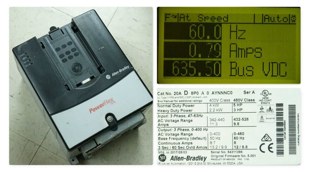 Allen-Bradley PowerFlex 70 20AD8P0A0AYNNNC0 A 480V 8A 5HP Tested Good