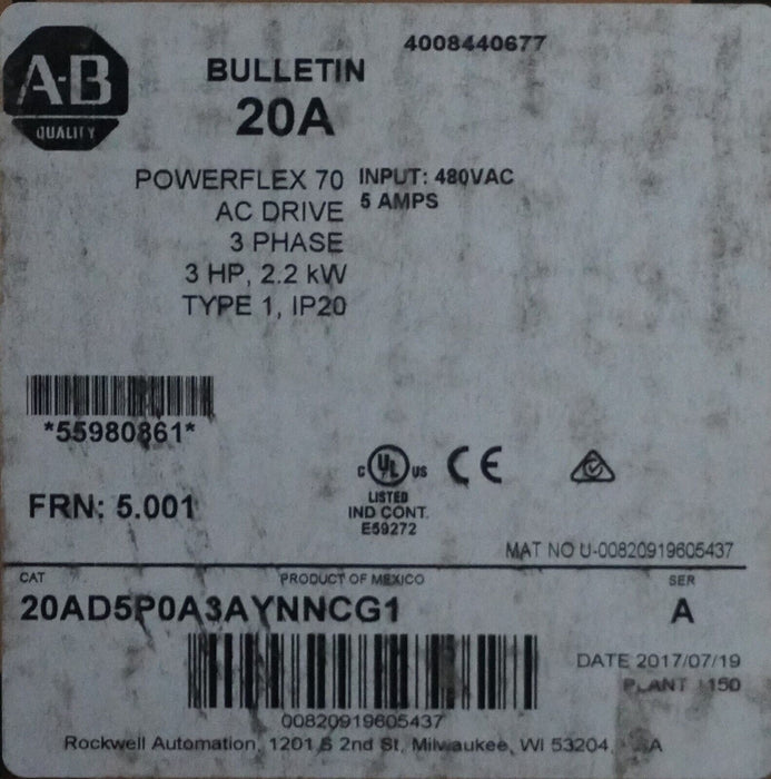 New Allen-Bradley PowerFlex 70 3HP 20AD5P0A3AYNNCG1 FRN:5.001