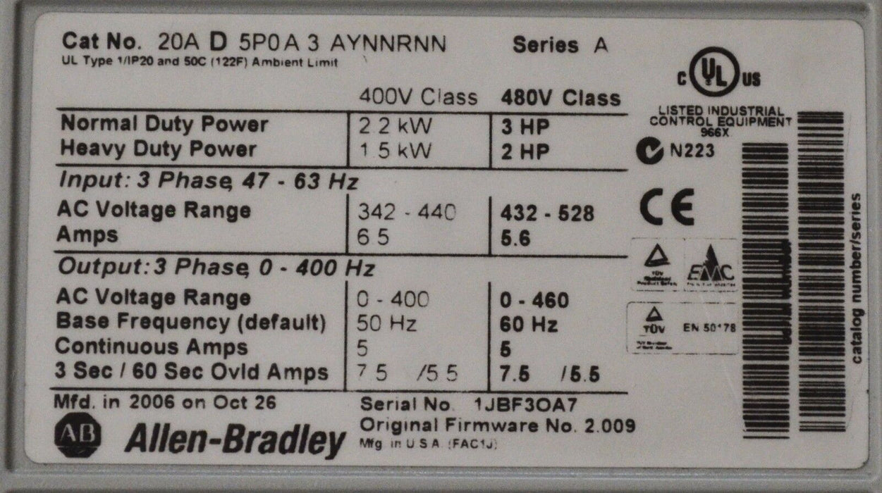 Allen-Bradley PowerFlex 70 3HP 20AD5P0A3AYNARNN 480VAC Clean Tested Good