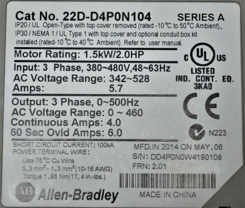 Zero Hours 22D-D4P0N104 Allen Bradley PowerFlex 40P Drive 2 HP Ser. A FRN:2.01