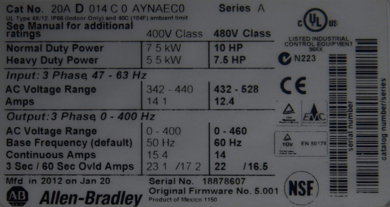 Allen-Bradley PowerFlex 70 10 HP 480V 20AD014C0AYNAEC0 Series A FRN 5.001 Tested