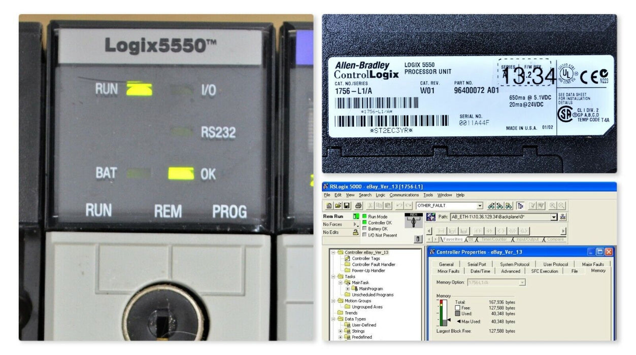 Allen Bradley 1756-L1/A ControlLogix 5550 Processor Tested Good Clean VER. 13.34