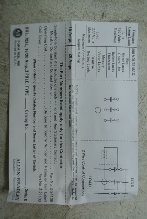 Allen-Bradley 702L-AOD93 Series K Lighting Contactor