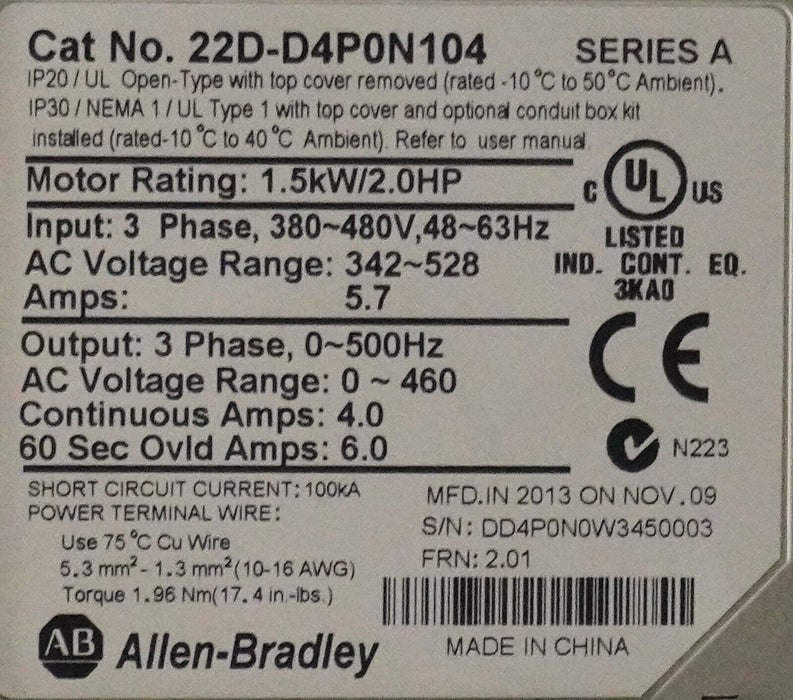 Allen Bradley 22D-D4P0N104 PowerFlex 40P Drive 2HP Series A Tested FRN:2.01