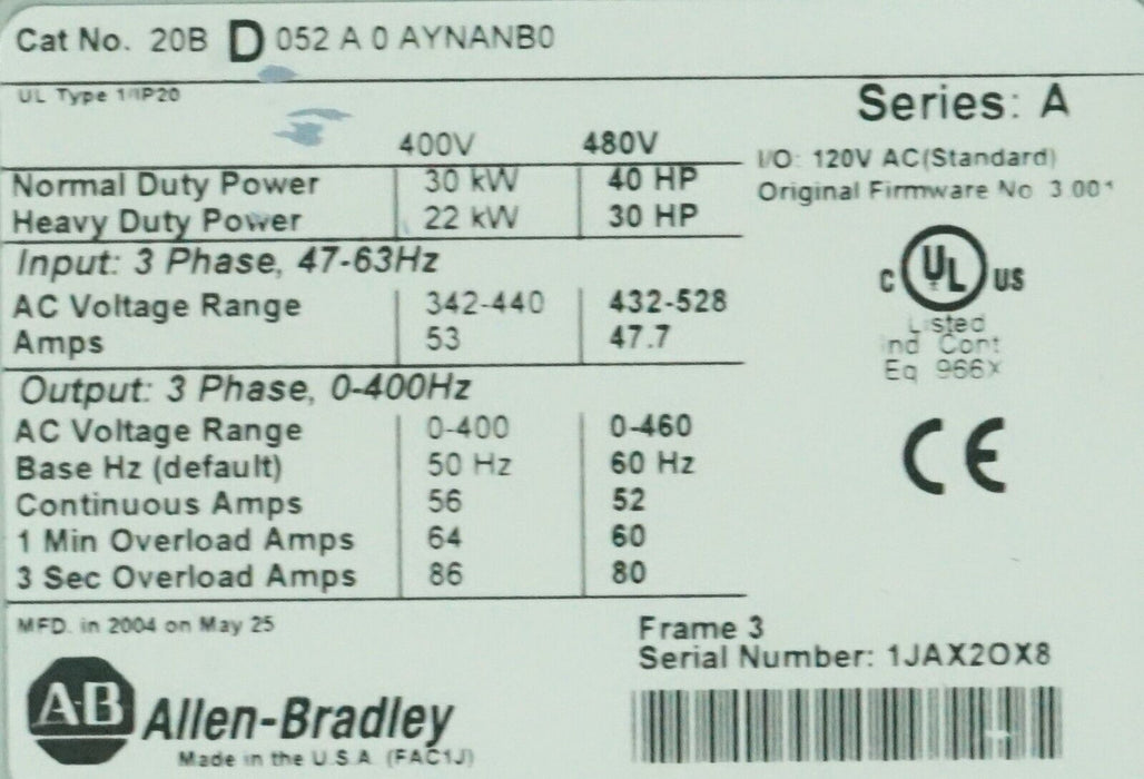 Allen-Bradley PowerFlex 700 40HP 20BD052A0AYNANB0 Series A Tested 3.001