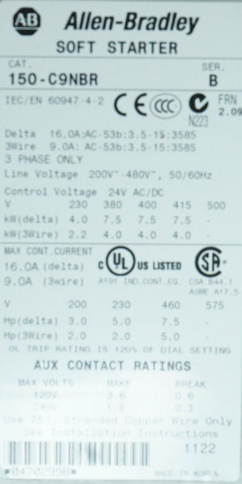 Allen-Bradley 150-C9NBR Series B SMC-3 Motor Controller FRN:2.09