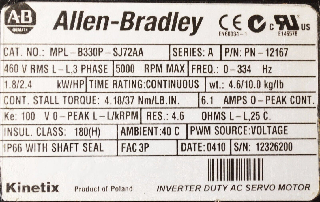 Allen Bradley MPL-B330P-SJ72AA  Series A Brushless Servo Motor 460V 5000RPM