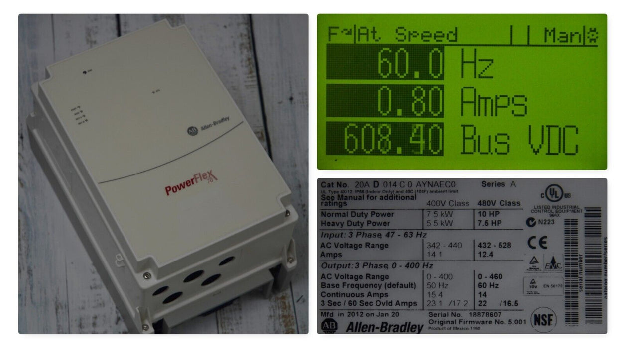 Allen-Bradley PowerFlex 70 10 HP 480V 20AD014C0AYNAEC0 Series A FRN 5.001 Tested