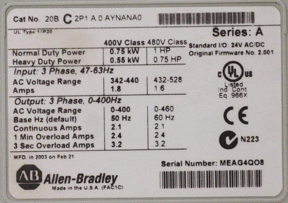 Allen-Bradley PowerFlex 700  1 HP ~ 20BC2P1A0AYNANA0 ~ 400 VAC Clean Tested Good