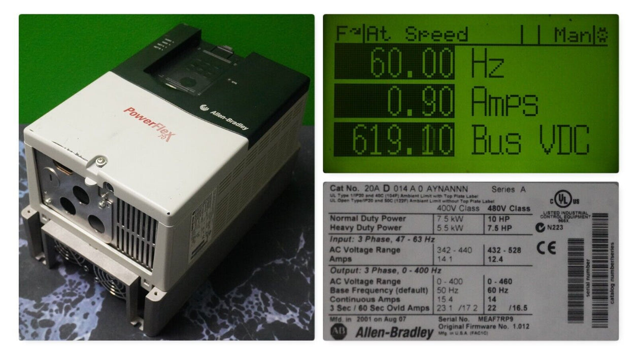 Allen-Bradley PowerFlex 70 10 HP 20AD014A0AYNANNN 480 VAC FRN:1.012 Tested Good