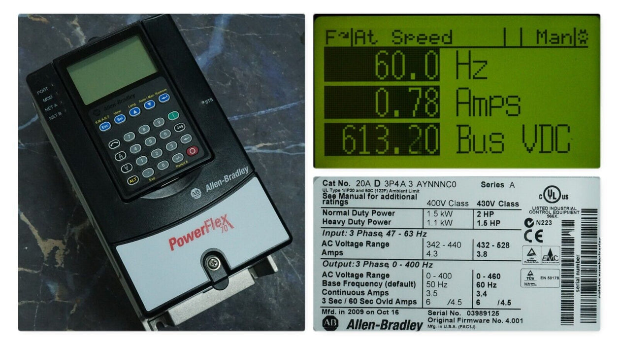 Allen-Bradley PowerFlex 70 2 HP 20AD3P4A3AYNNNC0 480 VAC Tested FRN:4.001