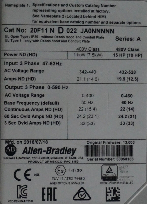 2018 Allen-Bradley PowerFlex 755 20F11ND022JA0NNNNN 15HP 480 VAC FRN:13.003