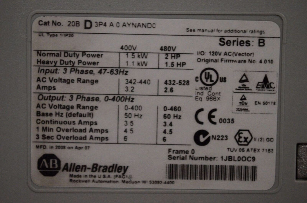 Allen-Bradley PowerFlex 700 2HP  20BD3P4A0AYNAND0 480VAC Tested Series B