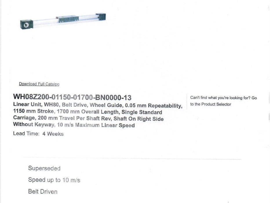 Thomson WH08Z200-01100-01650-AN0000-97 Belt Driven Wheel Guided Linear Actuator