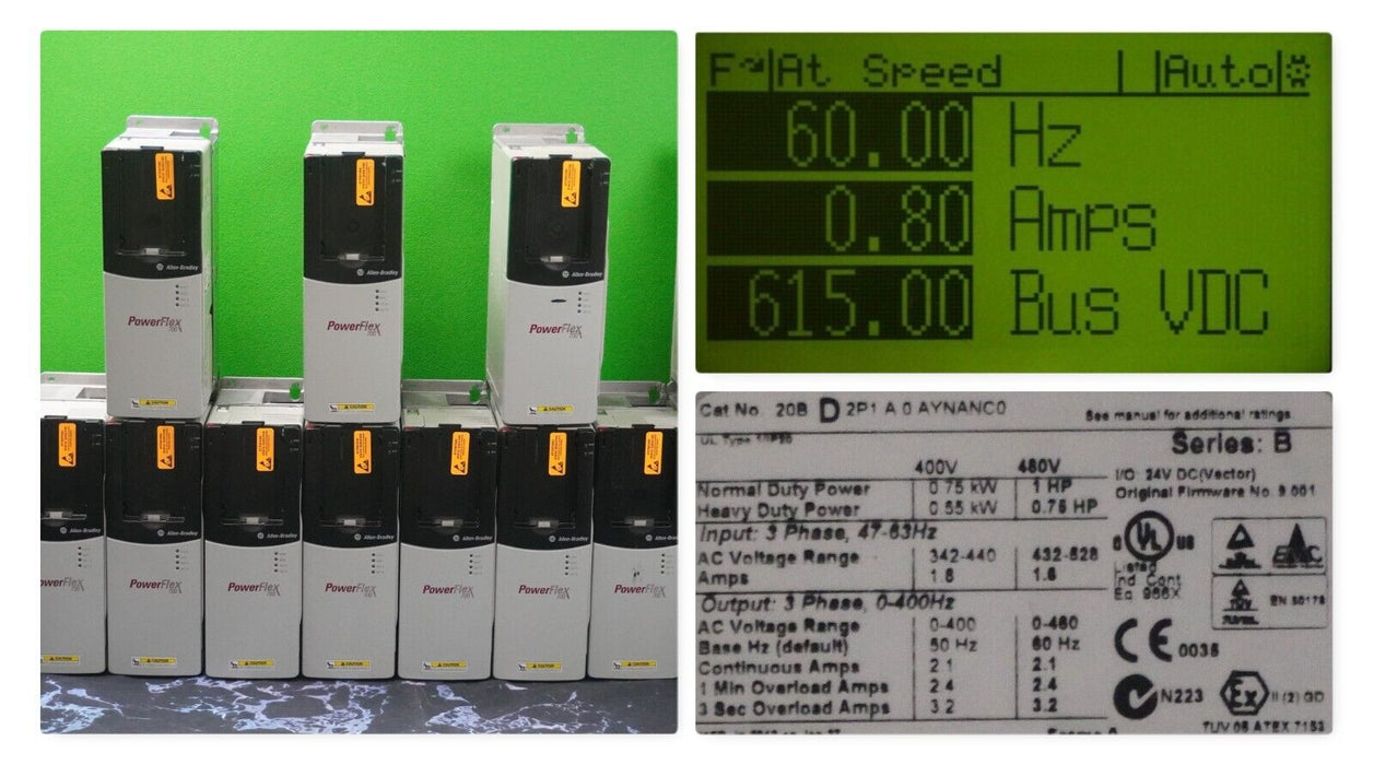 37 available Allen-Bradley PowerFlex 700 1 HP 20BD2P1A0AYNANC0 Ser. B FRN:9.001