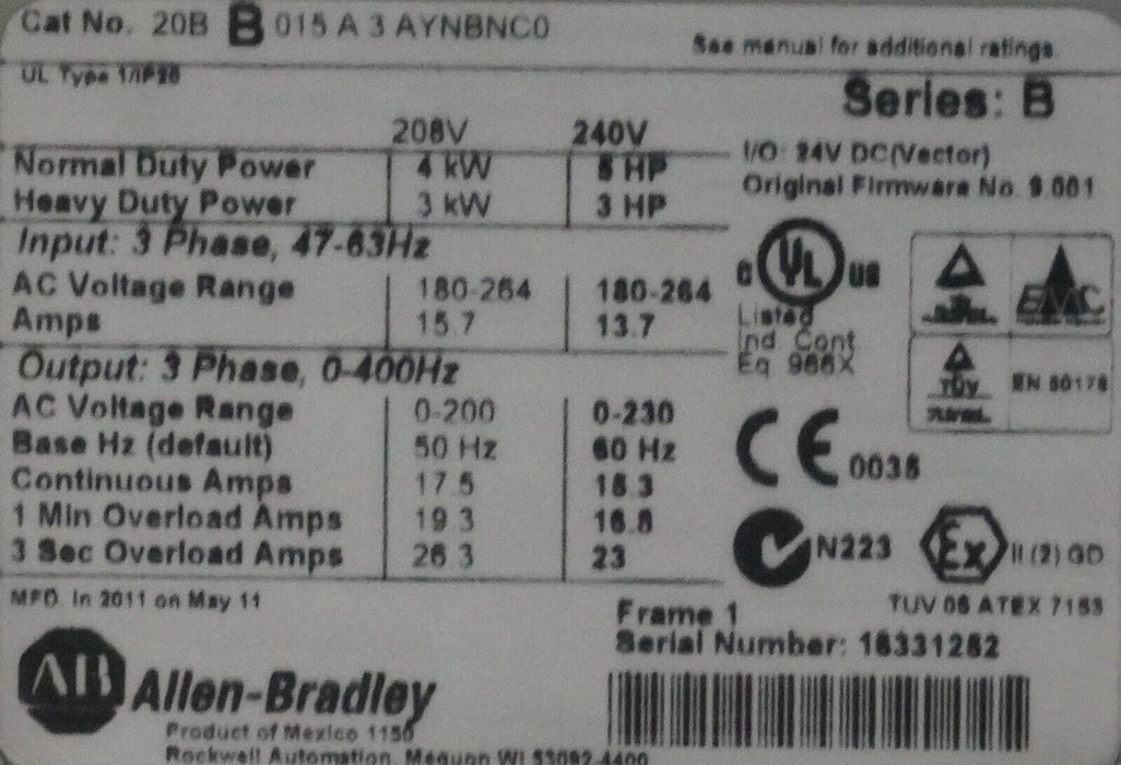 Zero Hr Allen Bradley 20BB015A0AYNBNC0 AC DRIVE Powerflex 700 Series B FRN:9.001