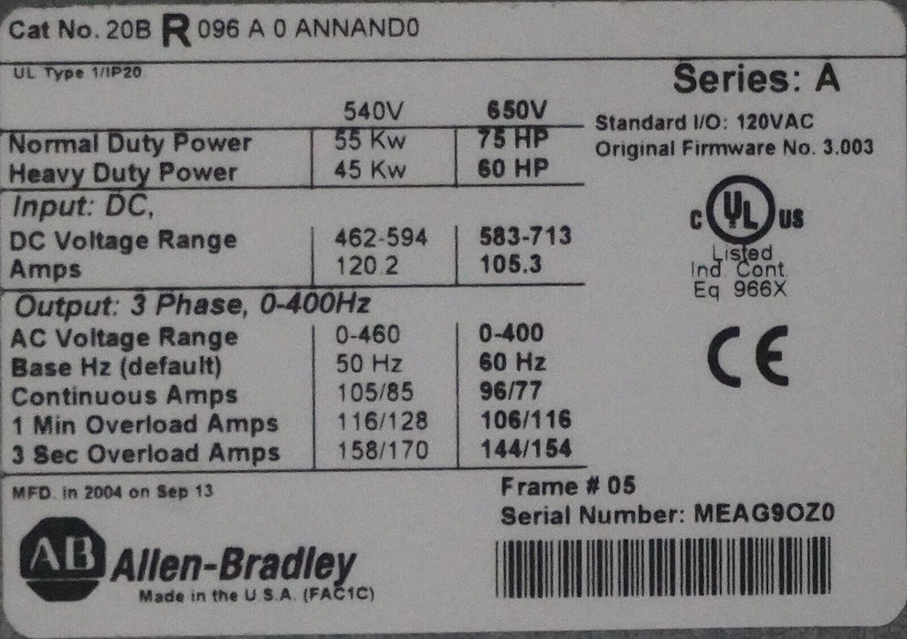 Allen-Bradley 20BR096A0ANNAND0 75HP Ser. A FRN:3.003 DC Input Power Tested Good