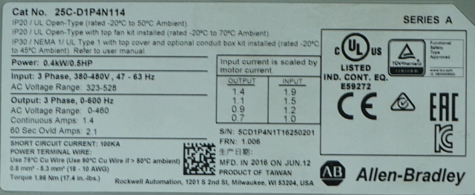 Allen Bradley 25C-D1P4N114 PowerFlex 527 1/2HP AC Drive FRN:1.006