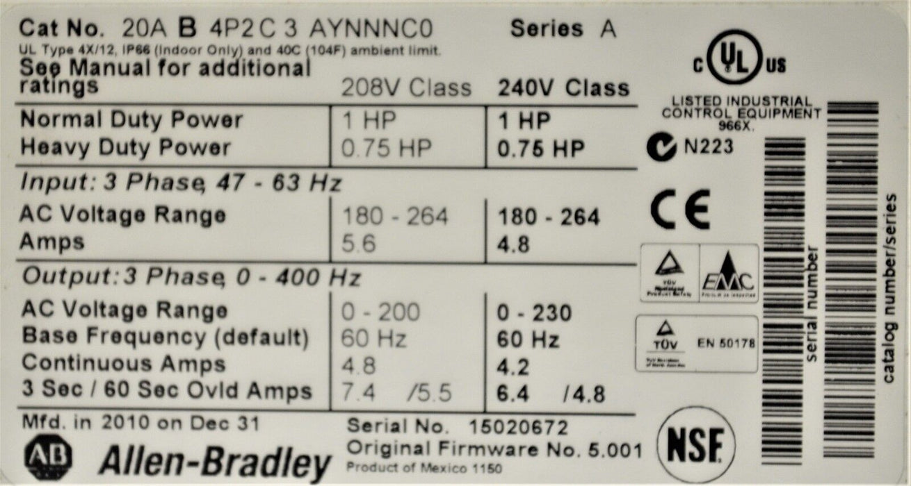 Allen-Bradley PowerFlex 70 1 HP 20AB4P2C3AYNNNC0 Mfd. 2010 240VAC