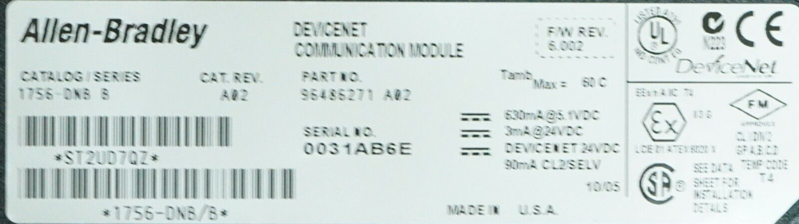 Allen Bradley 1756-DNB/B Device Net Communications Module Firmware 6.002