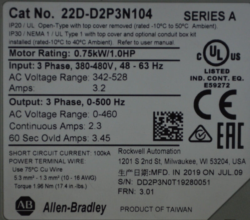 Low Hours 2019 Allen Bradley 22D-D2P3N104 PowerFlex40 Firmware 3.01 Series A