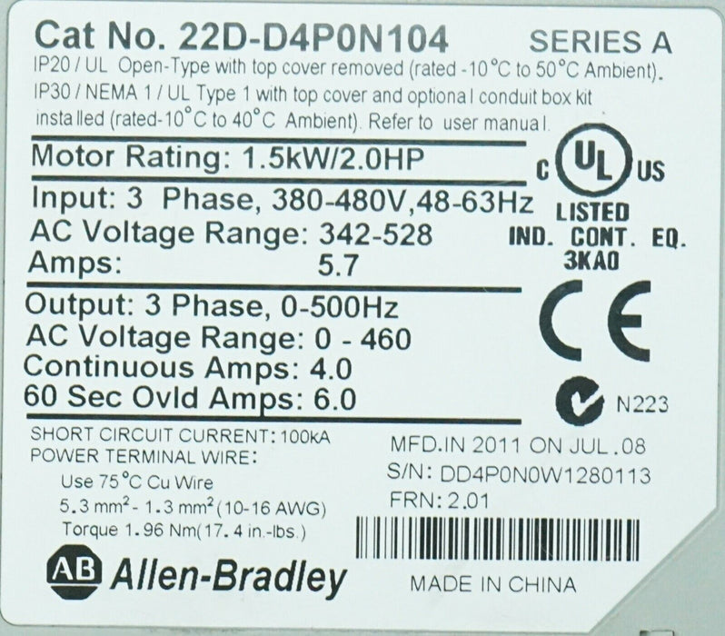 Zero Hours 22D-D4P0N104 Allen-Bradley PowerFlex 40P Drive 2 HP Ser. A FRN:2.01