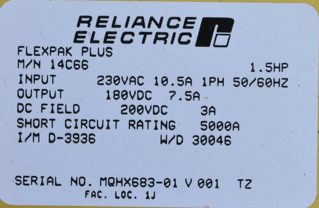 14C66 Reliance Electric Motor Controls Flex Pak Plus 1-1.5HP 230VAC Input