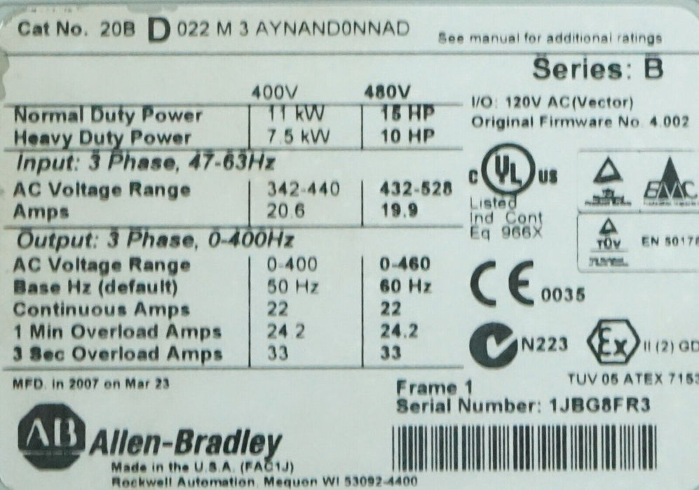 Allen-Bradley PowerFlex 700 20BD022M3AYNAND0NNAD 15 HP FRN:4.002 Tested Good