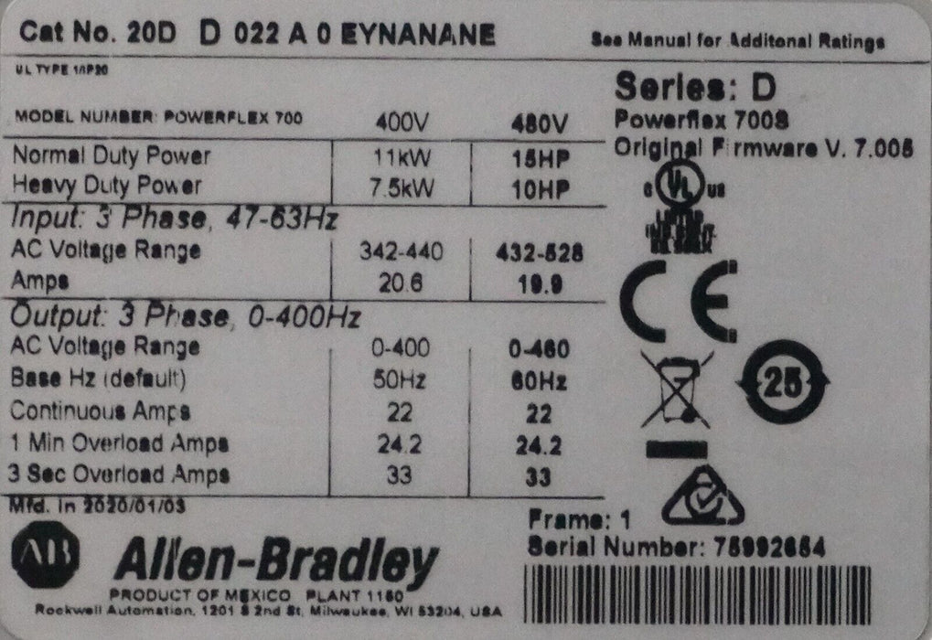 Allen Bradley 20AD022A0EYNANANE Powerflex 700S Power Supply 15HP FRN:7.005