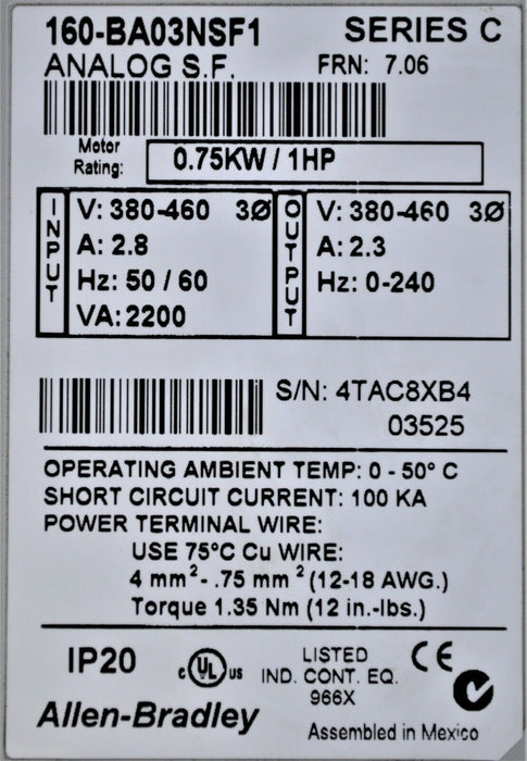 Allen Bradley 160-BA03NSF1 Variable Speed Drive 1Hp 480 VAC With 160-B1 Tested