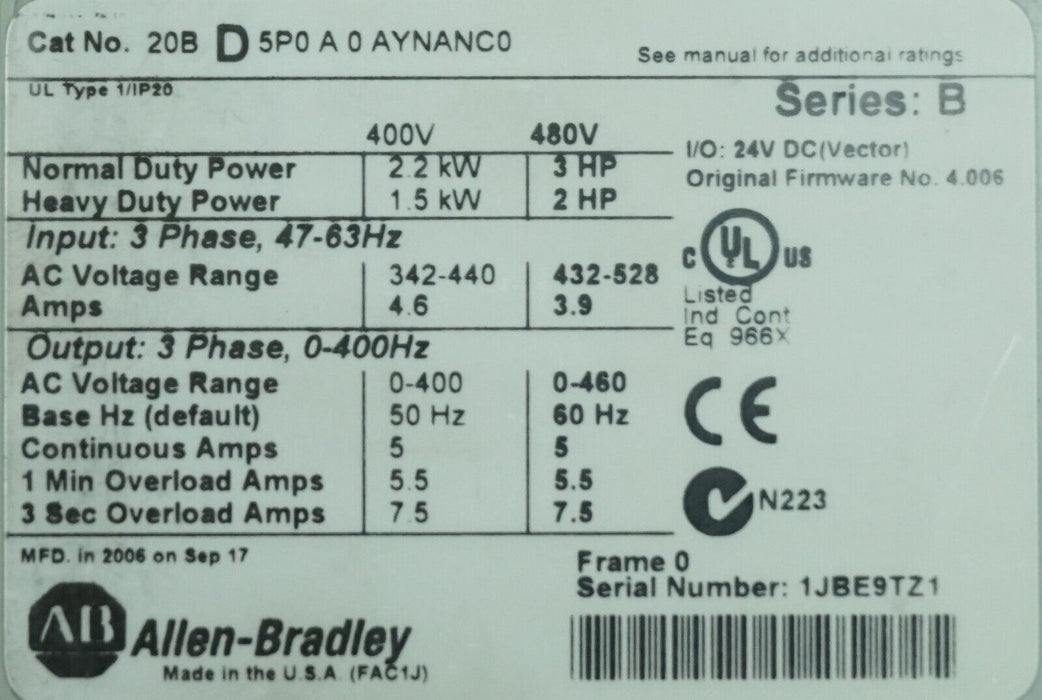 Allen Bradley PowerFlex 700 3HP 20BD5P0A0AYNANC0 480VAC Tested FRN:4.006 Tested