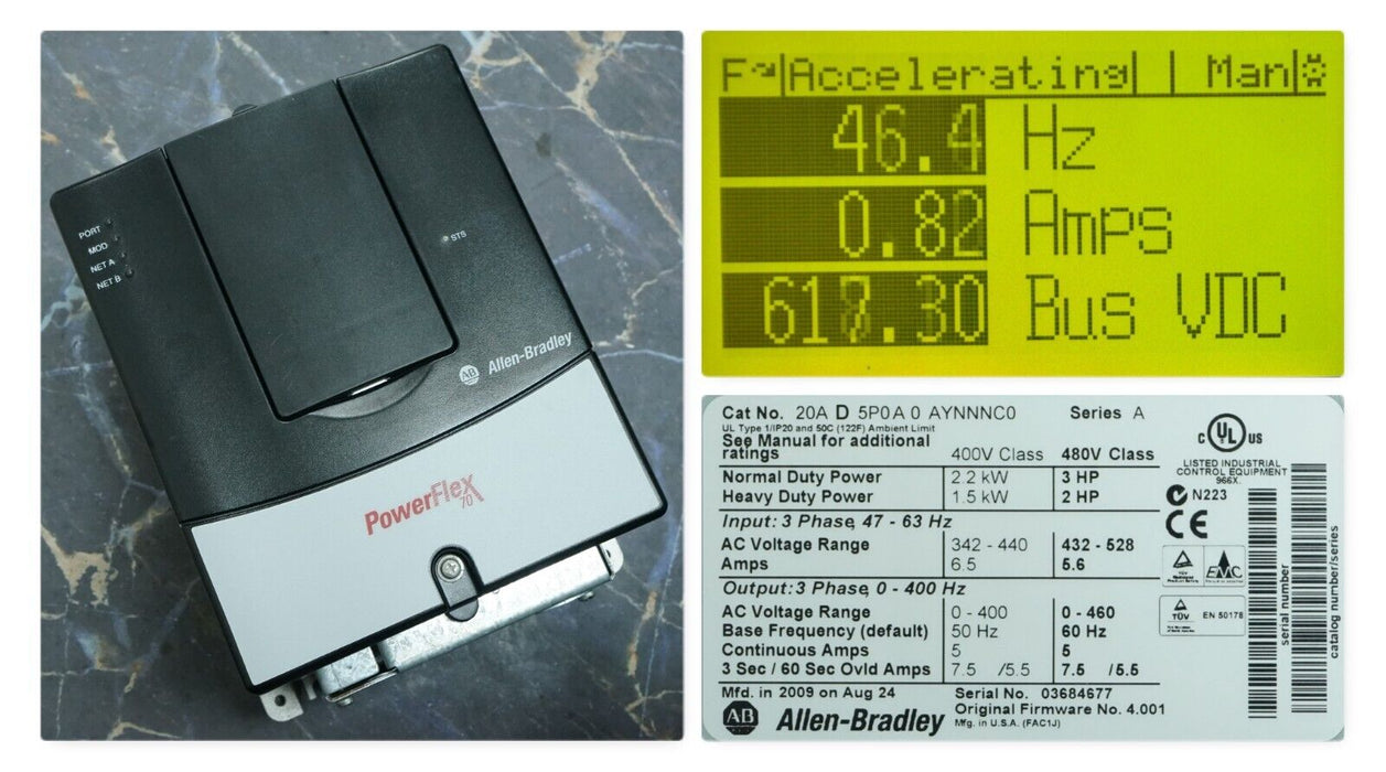 Allen-Bradley PowerFlex 70 3HP 20AD5P0A0AYNNNC0 Series A Tested Good FRN: 4.001