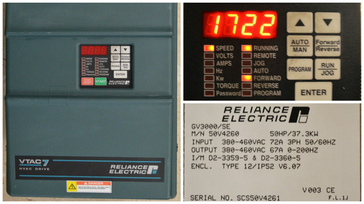 RELIANCE ELECTRIC GV3000/SE VTAC7 50 HP 50V4260 VER 6.07 480 VAC CLEAN TESTED OK