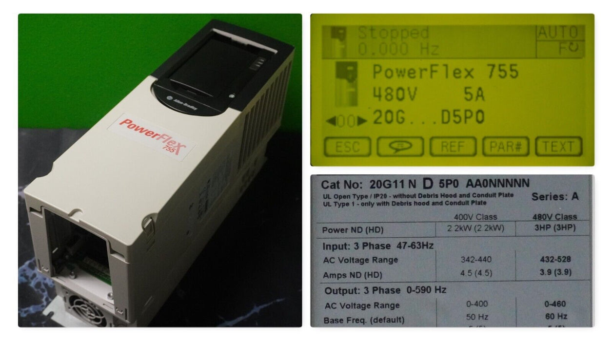 Allen-Bradley 20G11ND5P0AA0NNNNN PowerFlex 755 VFD 3HP Series A FRN:14.002