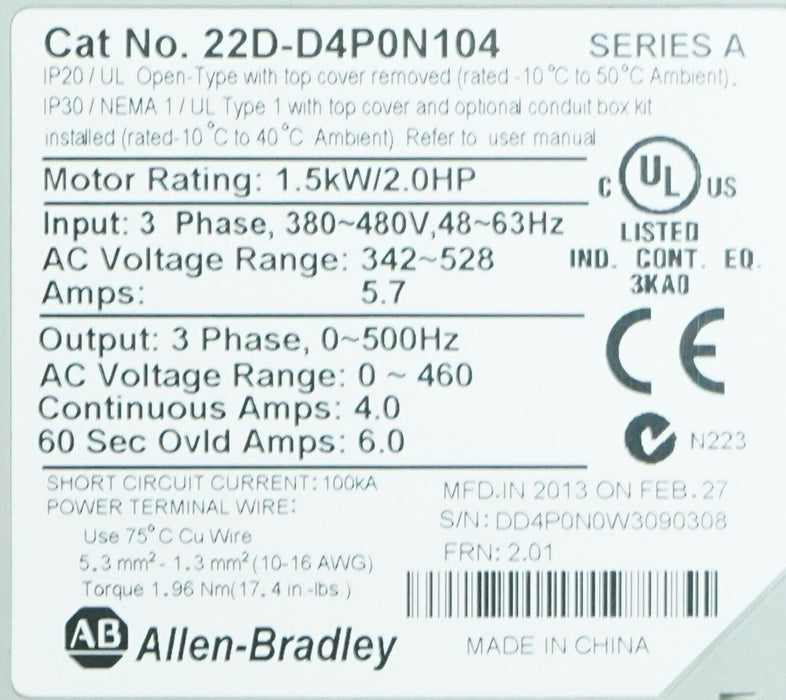 Low Hours Allen-Bradley 22D-D4P0N104 PowerFlex40 2 HP Series A 480 VAC FRN:2.01